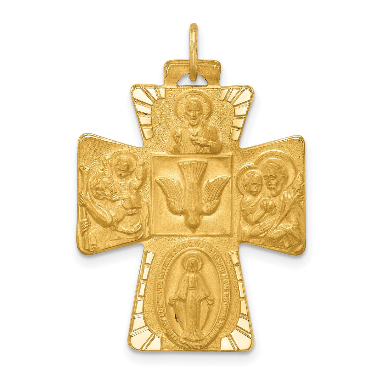 14k Yellow Gold Four Way Cross Pendant with Sacred Heart, St Joseph, St Christopher, Miraculous Medal
