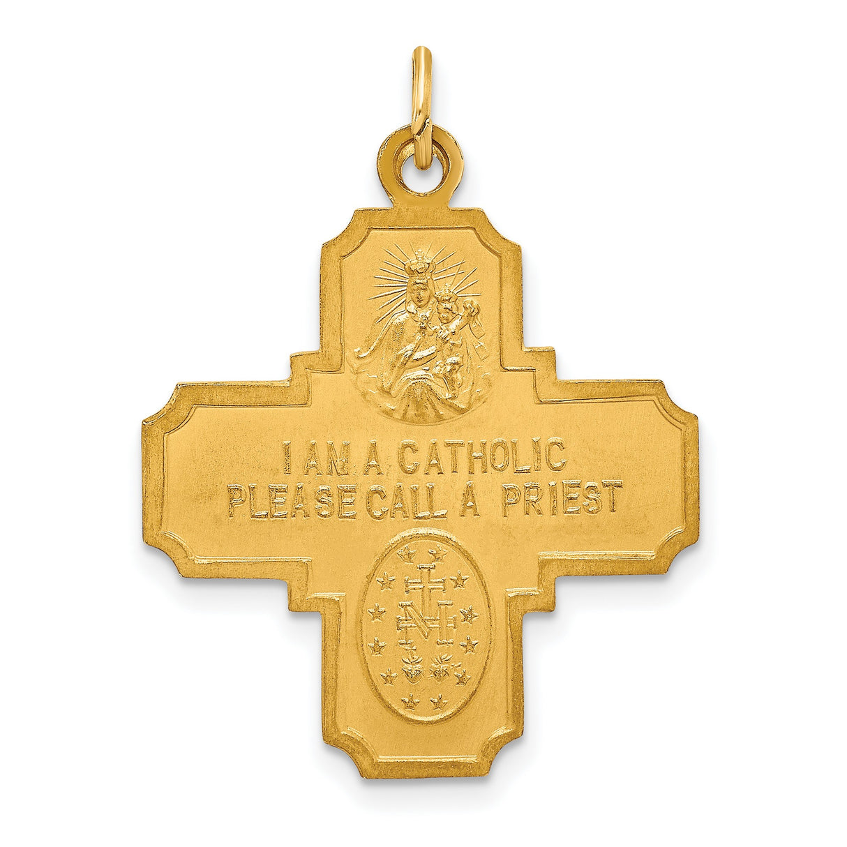 14k Yellow Gold Four-Way Cross Pendant Medal with Virgin Mary, Jesus, St. Joseph, Holy Spirit