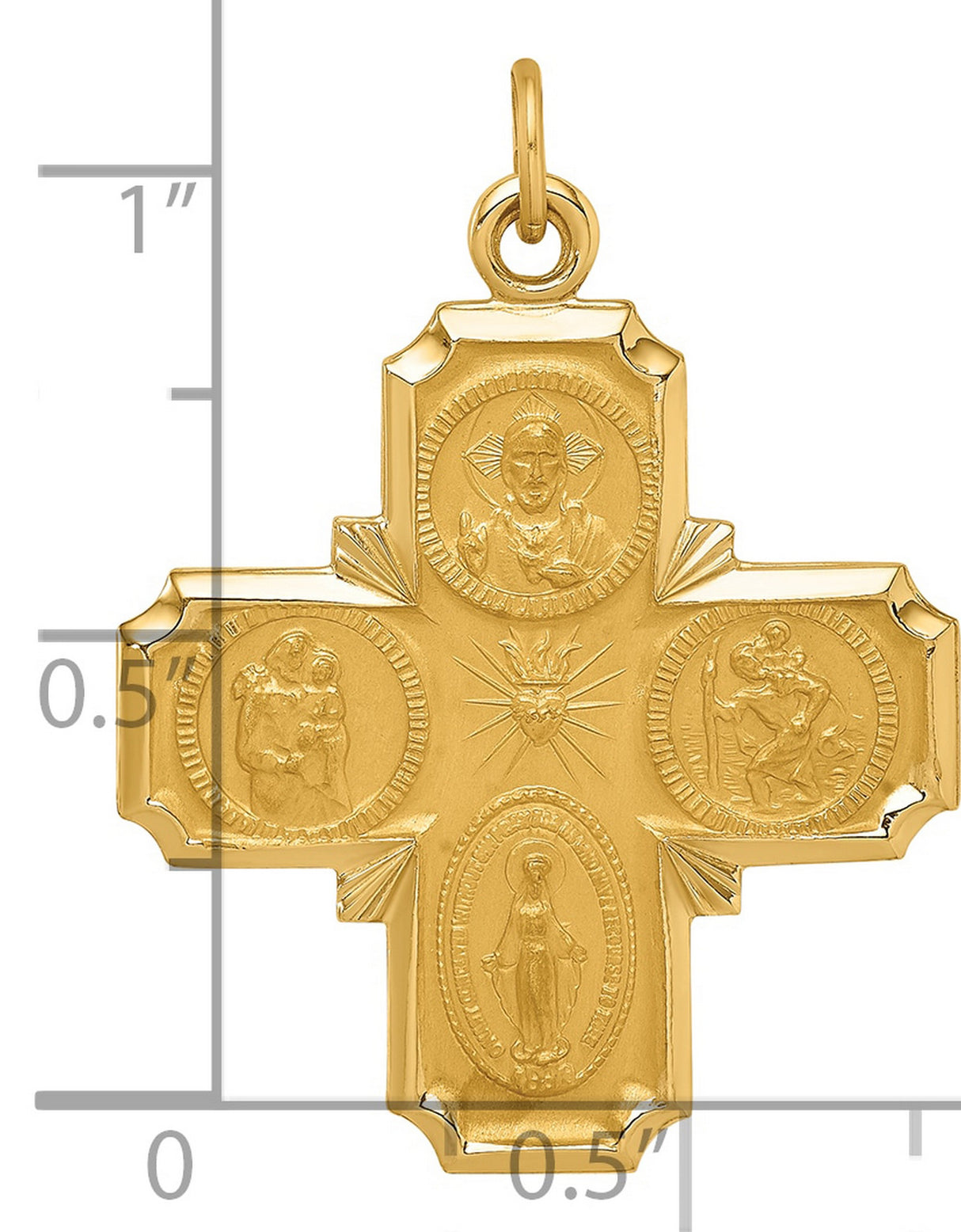 14k Yellow Gold Four-Way Cross Pendant Medal with Virgin Mary, Jesus, St. Joseph, Holy Spirit