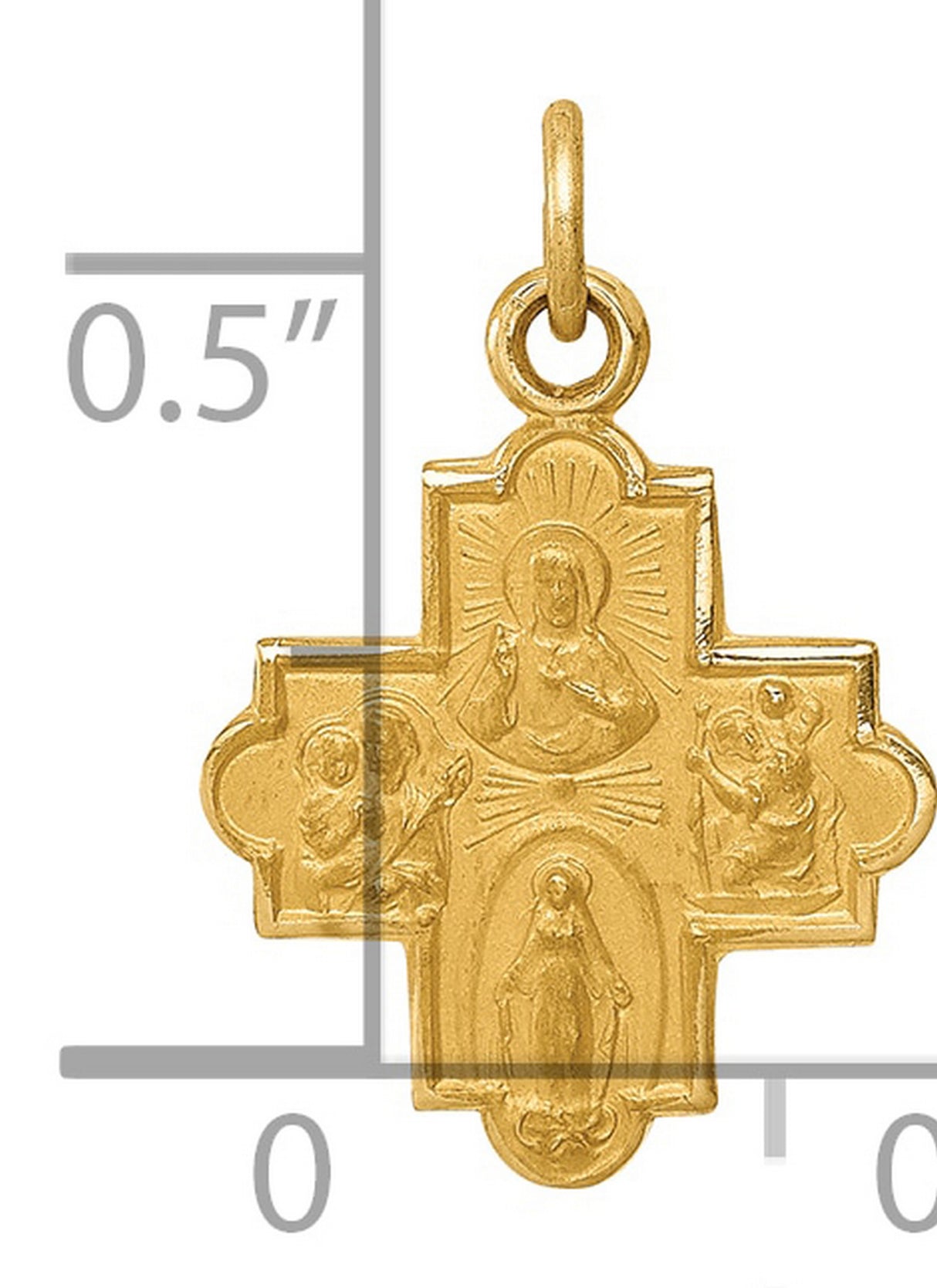 14k Yellow Gold Four-Way Cross Pendant with Sacred Heart and Virgin Mary Icons