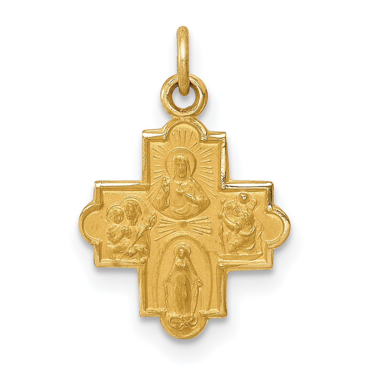 14k Yellow Gold Four-Way Cross Pendant with Sacred Heart and Virgin Mary Icons
