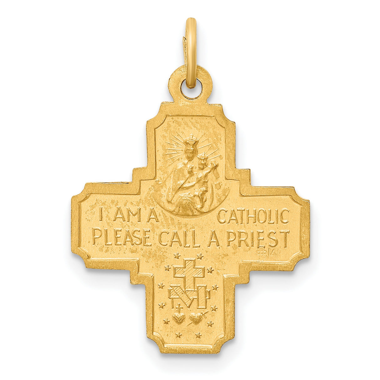 14k Yellow Gold Cross Pendant with Virgin Mary, Saints, and Holy Spirit Emblem