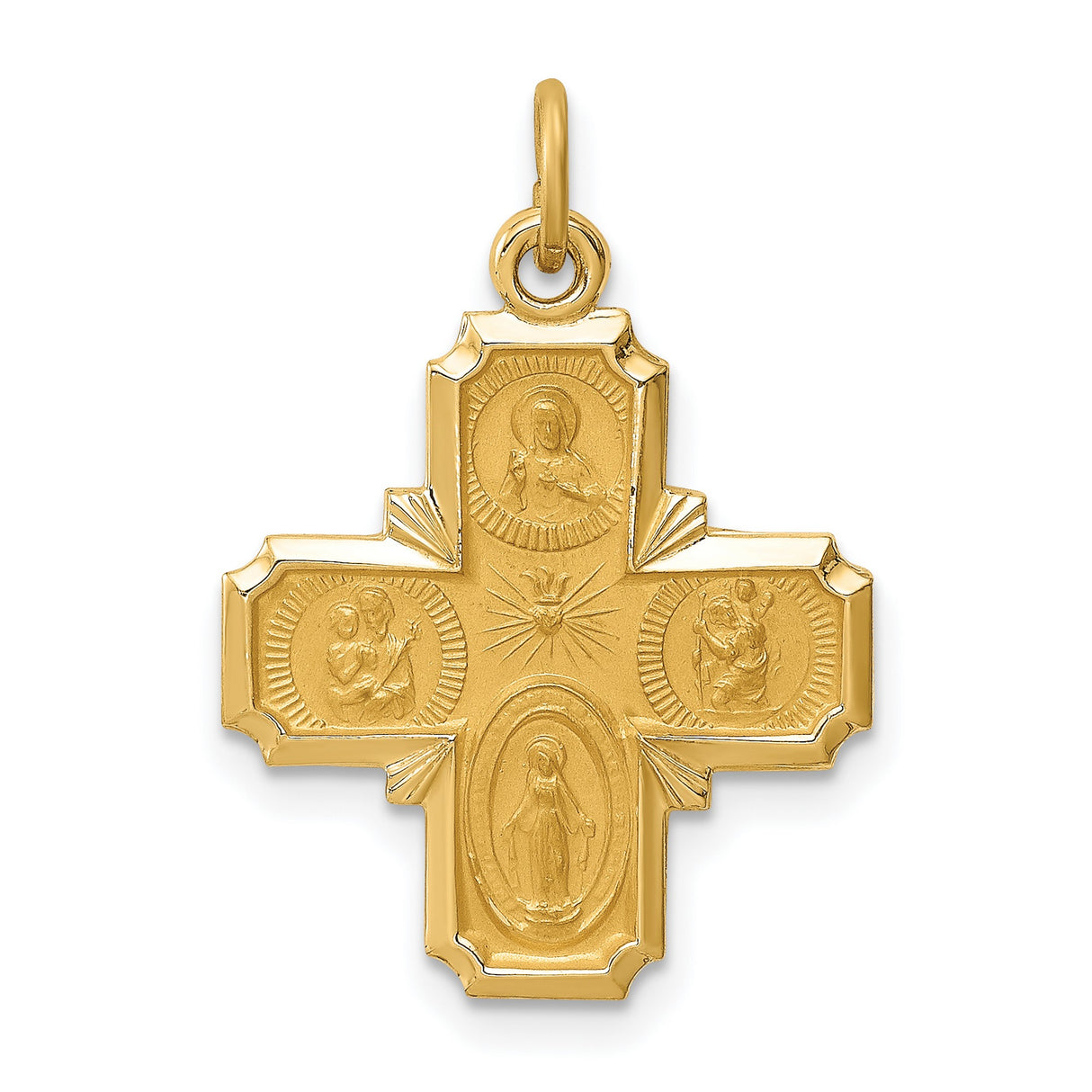14k Yellow Gold Cross Pendant with Virgin Mary, Saints, and Holy Spirit Emblem