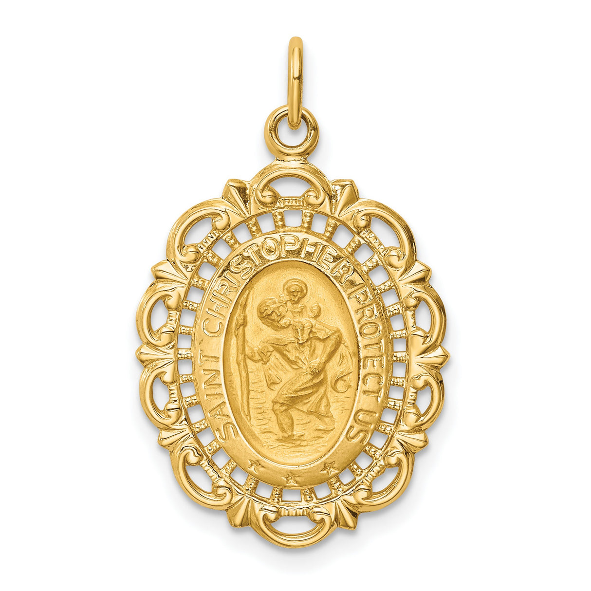 14k Yellow Gold Saint Christopher Oval Medallion Pendant with Ornate Border