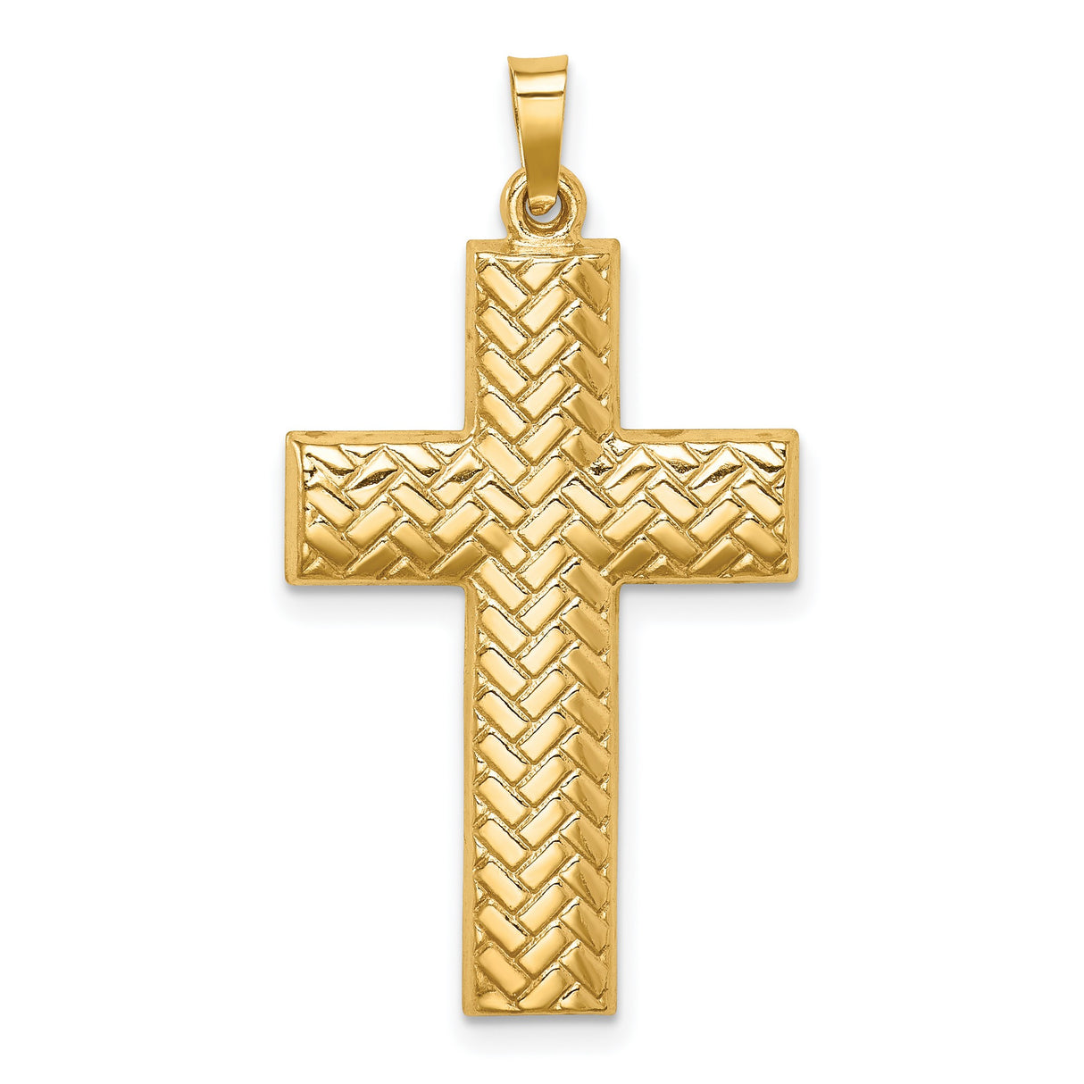 14k Yellow Gold Cross Pendant with Woven Texture Design, Christian Religious Jewelry