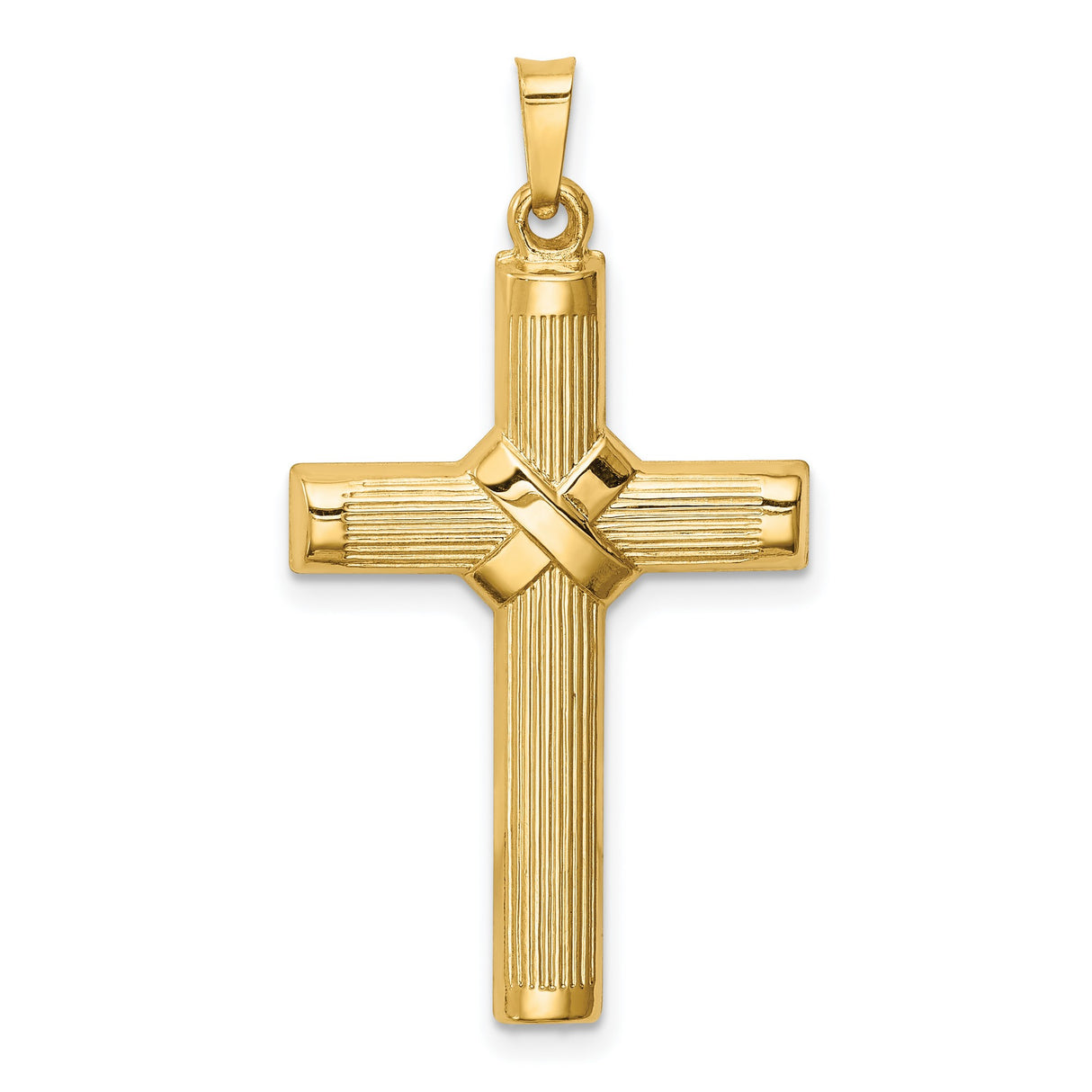 14k Yellow Gold Cross Pendant, Polished Textured Wrapped Design, Christian Religious Jewelry