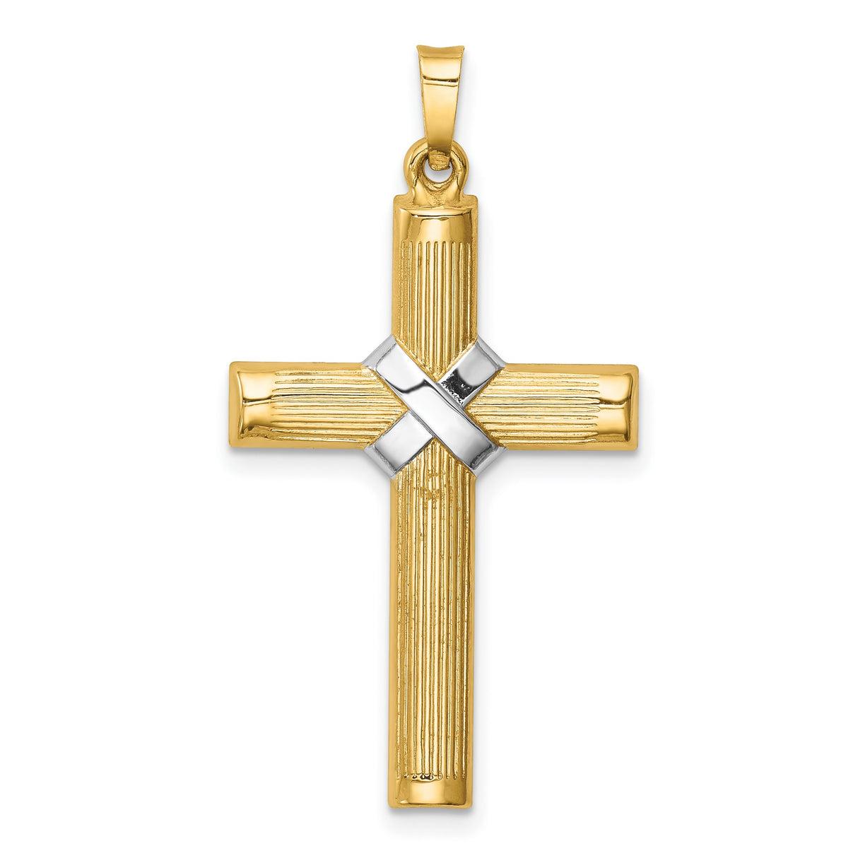 14k Multi-Tone Gold Cross Pendant with Textured Design and Polished Accents, Religious Jewelry