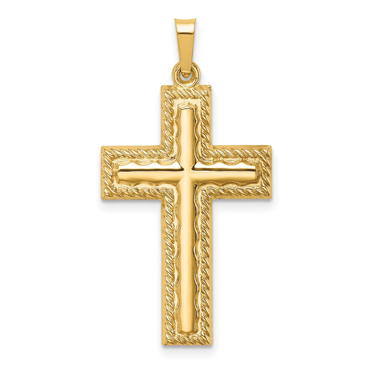 14k Yellow Gold Cross Pendant with Textured Border, Christian Religious Design