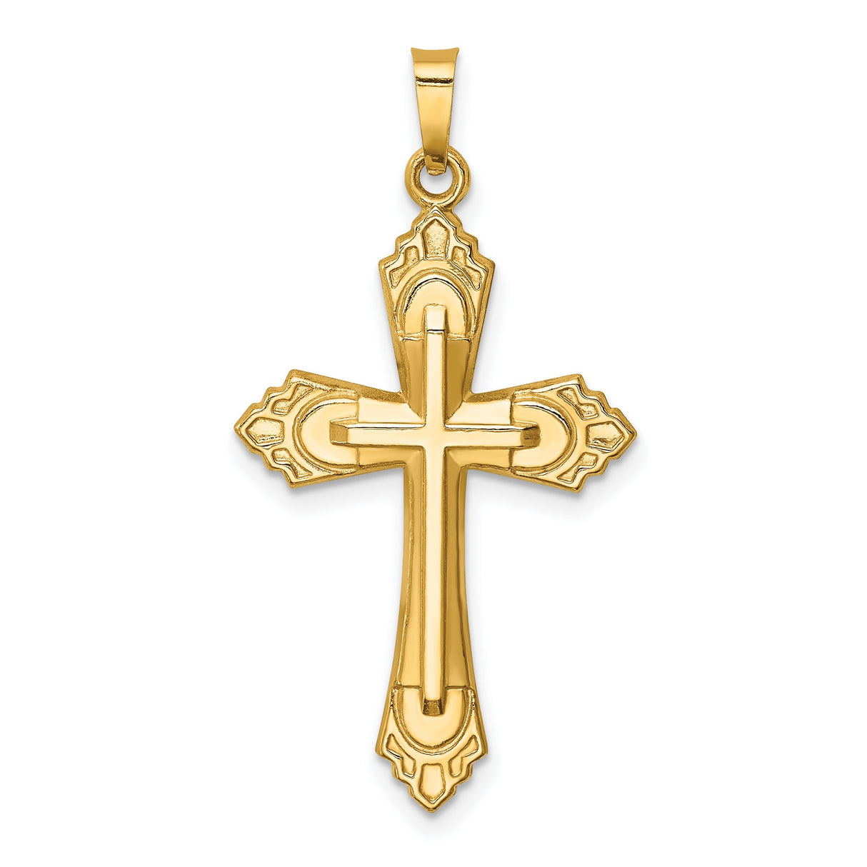 14k Yellow Gold Cross Pendant with Decorative Edges and Layered Crucifix Design