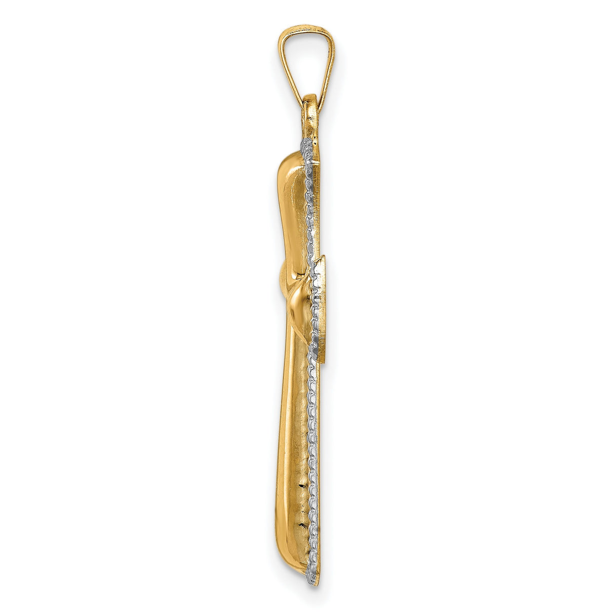14k Two-Tone Gold Cross Pendant with Beveled Flared Edge and Rhodium Accents
