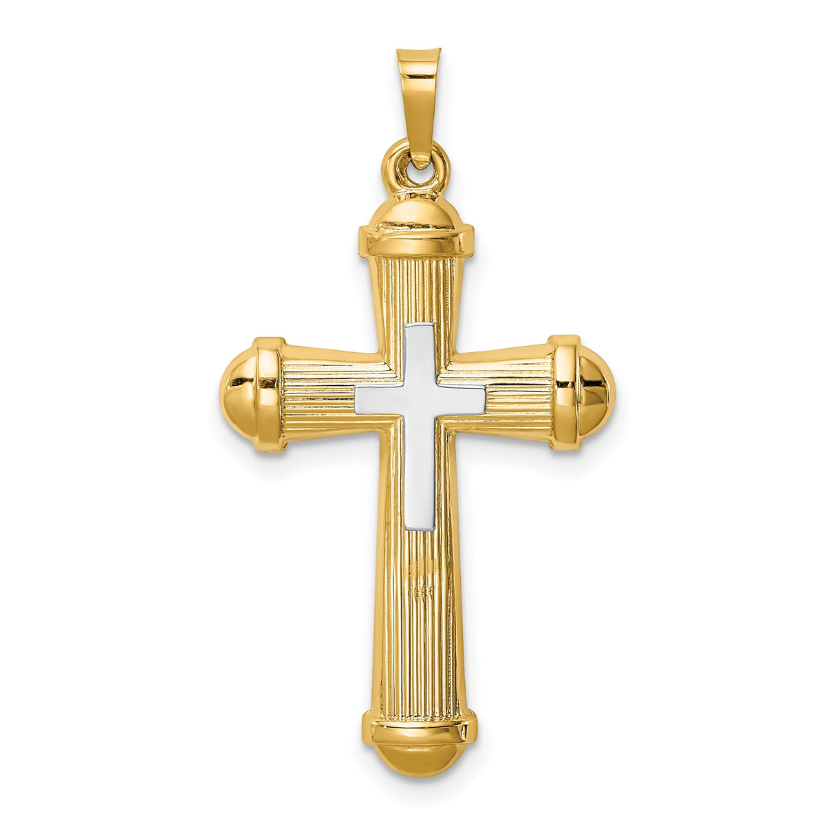 14k Two-Tone Gold Cross Pendant with Raised White Gold Center and Textured Detailing for Men