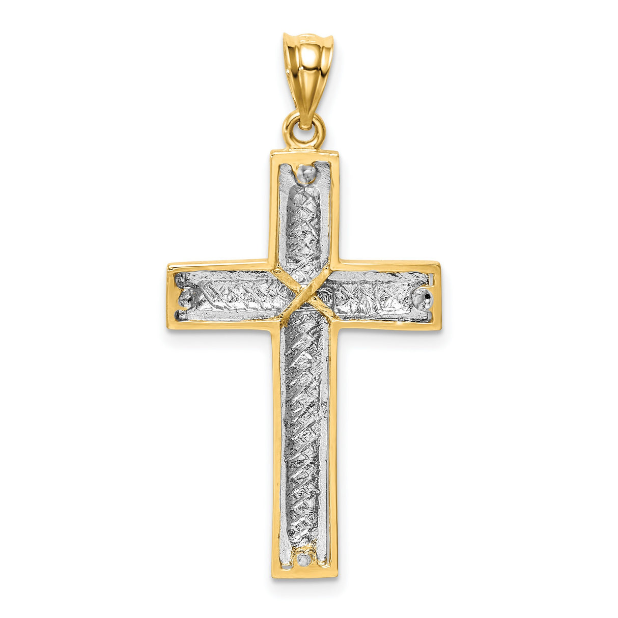 14k Two-Tone Gold Cross Pendant with Textured White Gold Center and Polished Yellow Frame