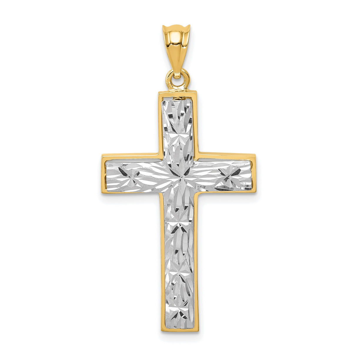 14k Two-Tone Gold Cross Pendant with Textured White Gold Center and Polished Yellow Frame