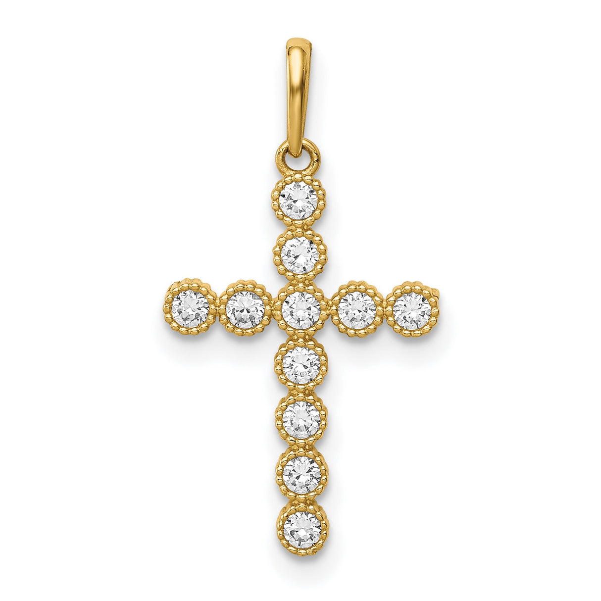 14k Yellow Gold Cross Pendant with Cubic Zirconia Beaded Bezel Setting, Christian Jewelry for Women