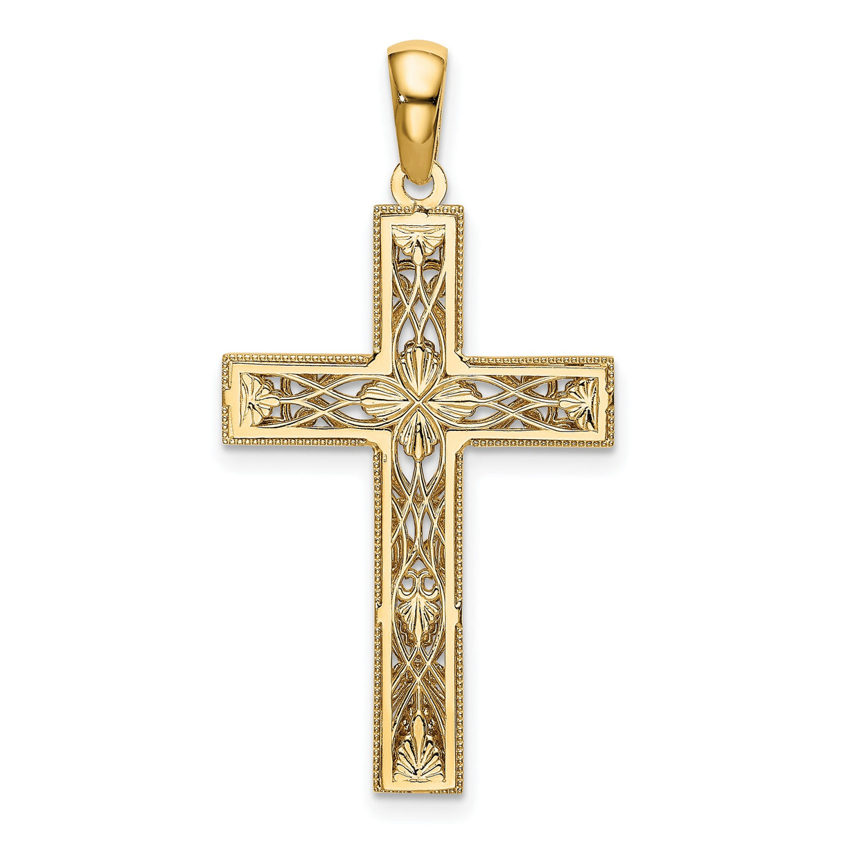 14k Multi-Tone Gold Cross Pendant with Rhodium Filigree and Floral Center