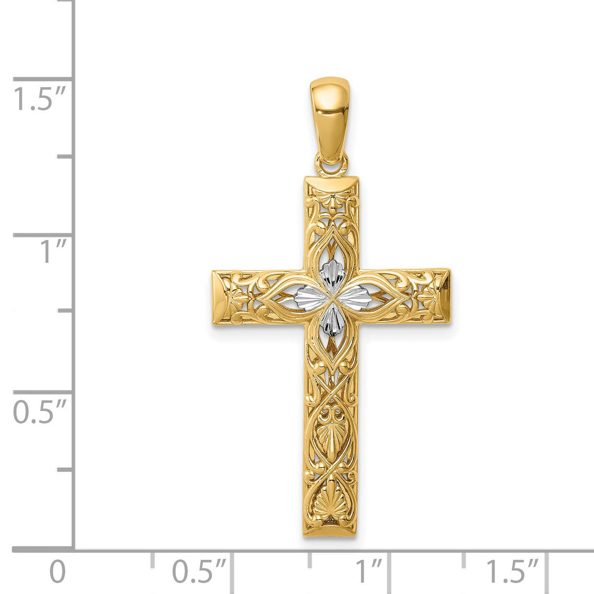 14k Multi-Tone Gold Cross Pendant with Rhodium Filigree and Floral Center