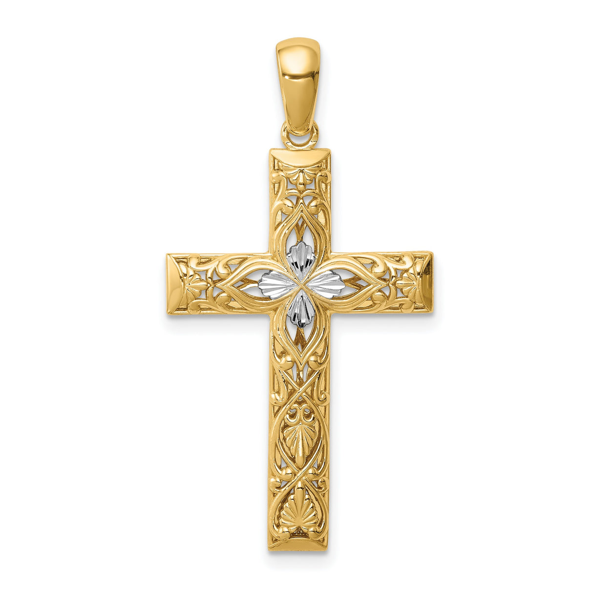 14k Multi-Tone Gold Cross Pendant with Rhodium Filigree and Floral Center