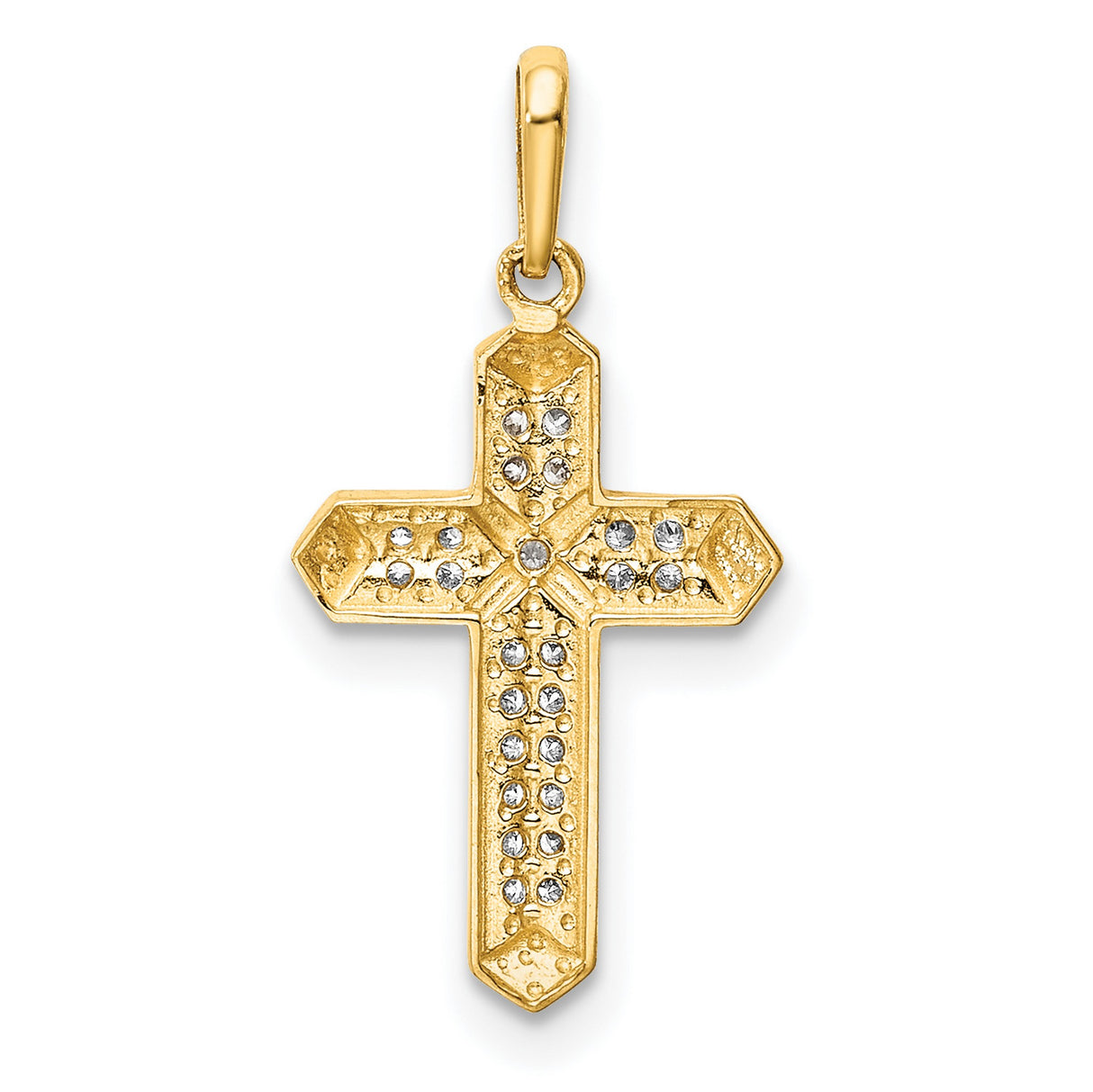 14k Yellow Gold Cross Pendant with Cubic Zirconia, Beveled Edge Christian Jewelry for Women