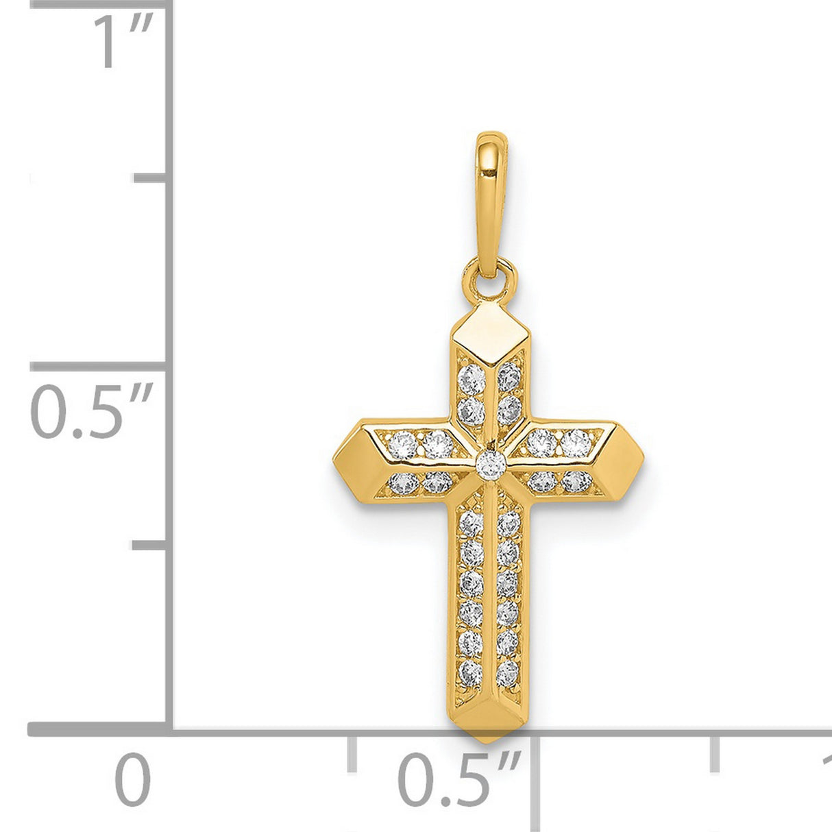 14k Yellow Gold Cross Pendant with Cubic Zirconia, Beveled Edge Christian Jewelry for Women