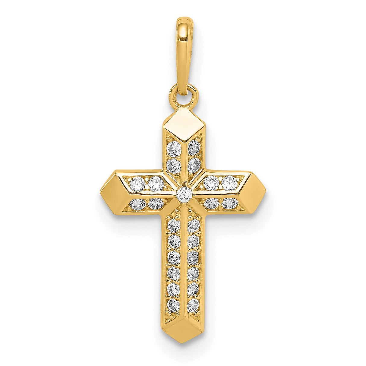 14k Yellow Gold Cross Pendant with Cubic Zirconia, Beveled Edge Christian Jewelry for Women