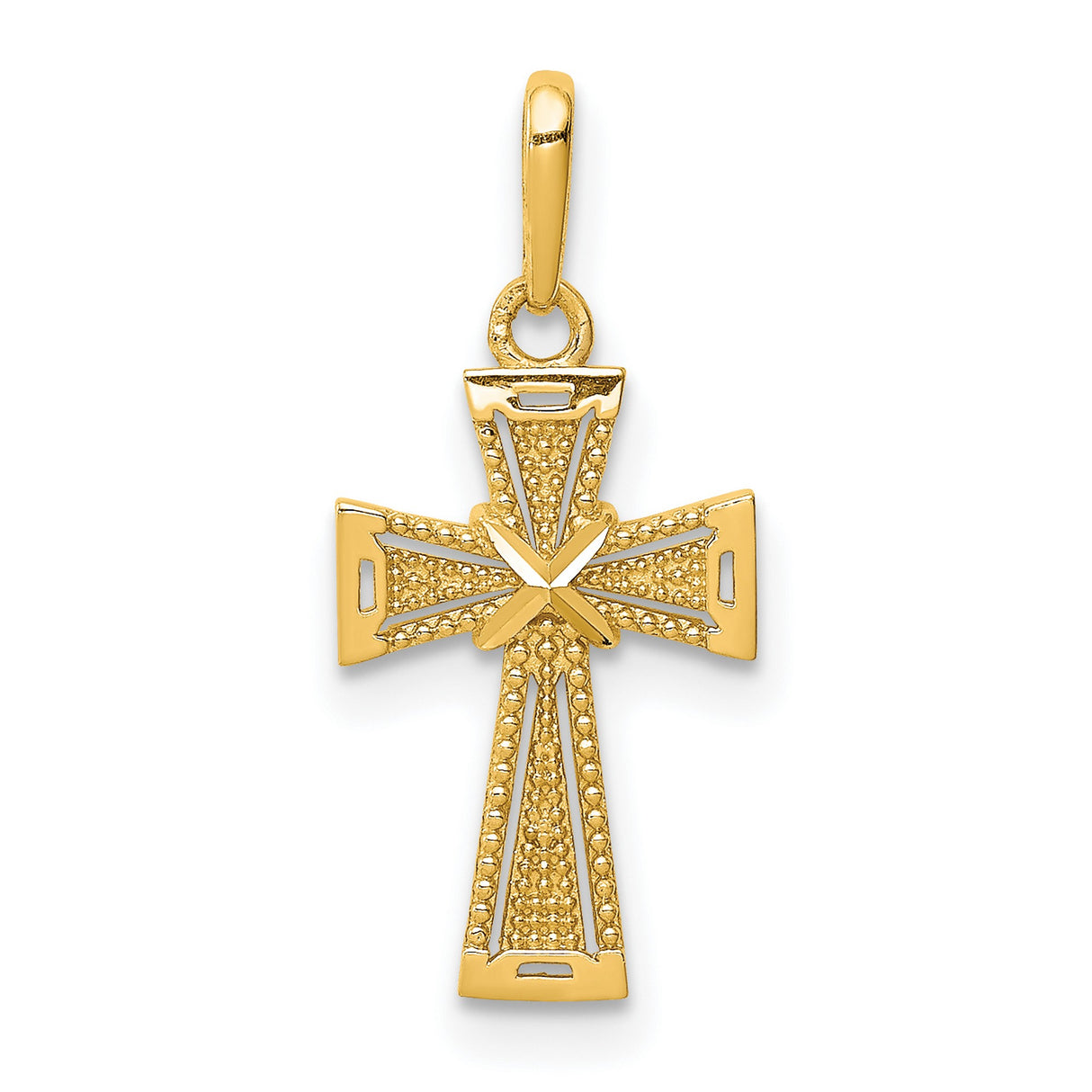 14k Yellow Gold Cross Pendant with Starburst Design, Textured Religious Charm for Men or Women