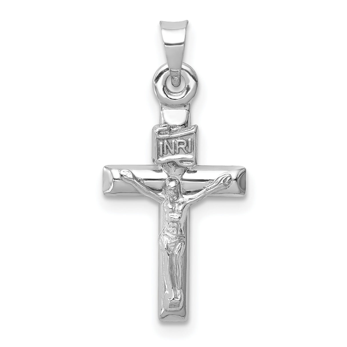 14k White Gold Crucifix Cross Pendant with INRI Detail, Polished Latin Cross Charm