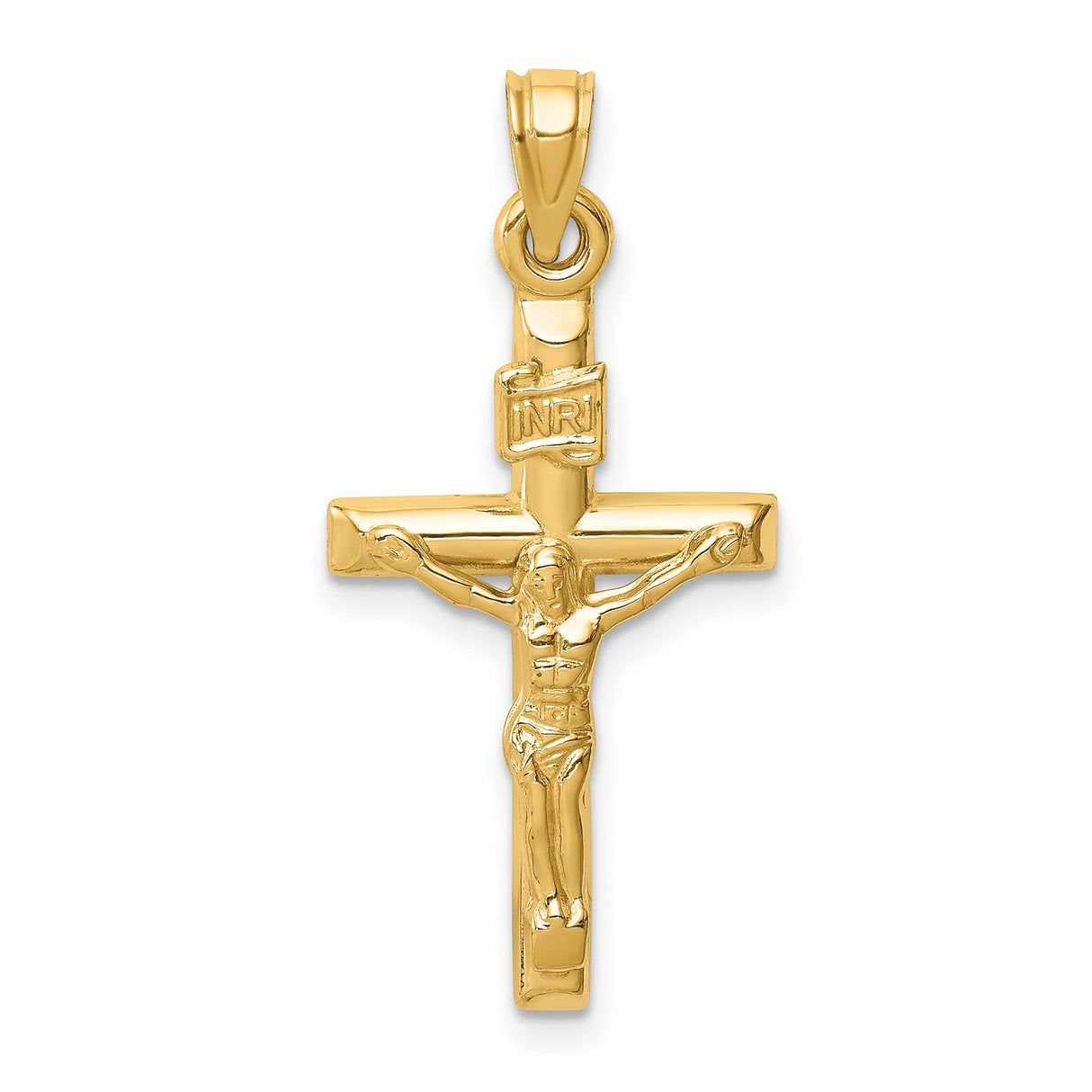 14k Yellow Gold Crucifix Pendant with Jesus on Cross and INRI Detailing Religious Charm