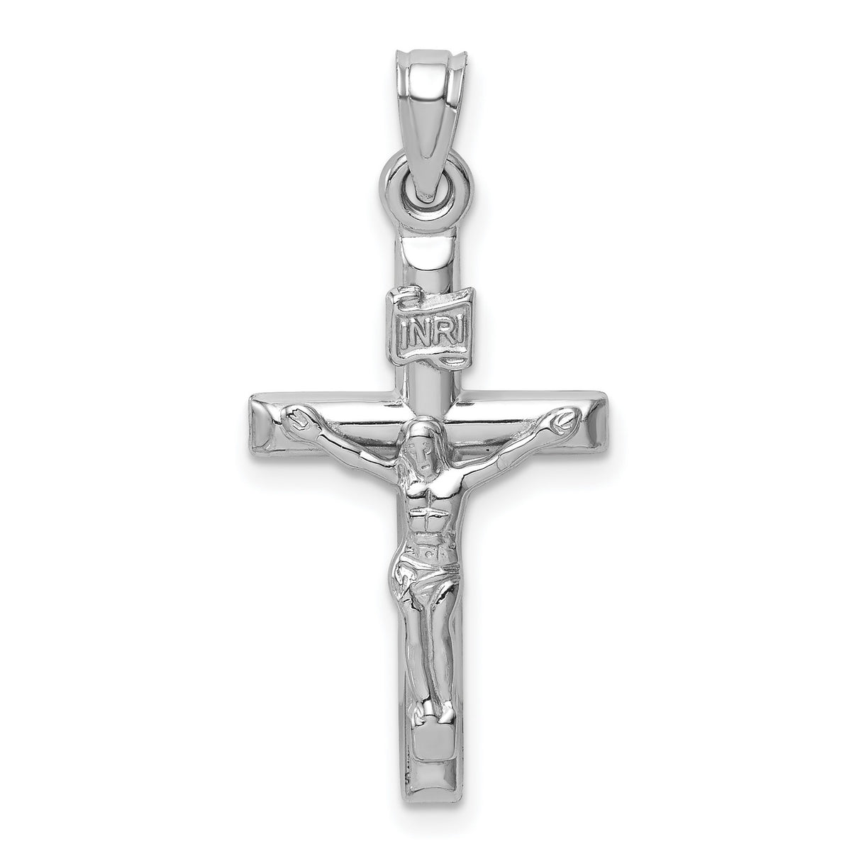 14k White Gold Crucifix Pendant with INRI Cross Charm, Polished Christian Jewelry