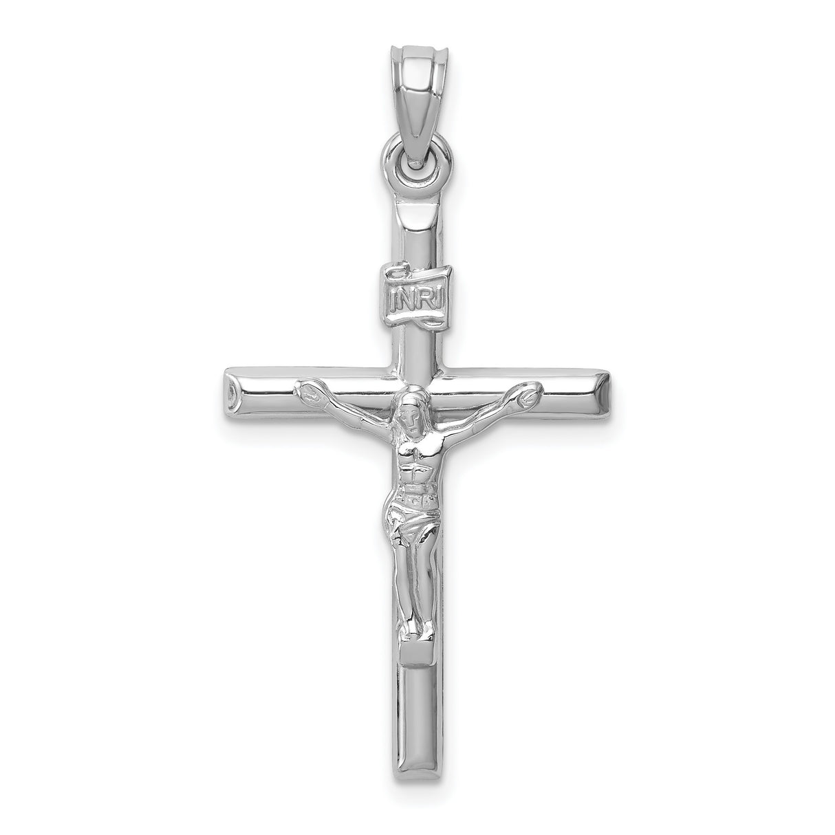 14k White Gold Crucifix Pendant, Polished Jesus Cross Charm, Christian Religious Jewelry