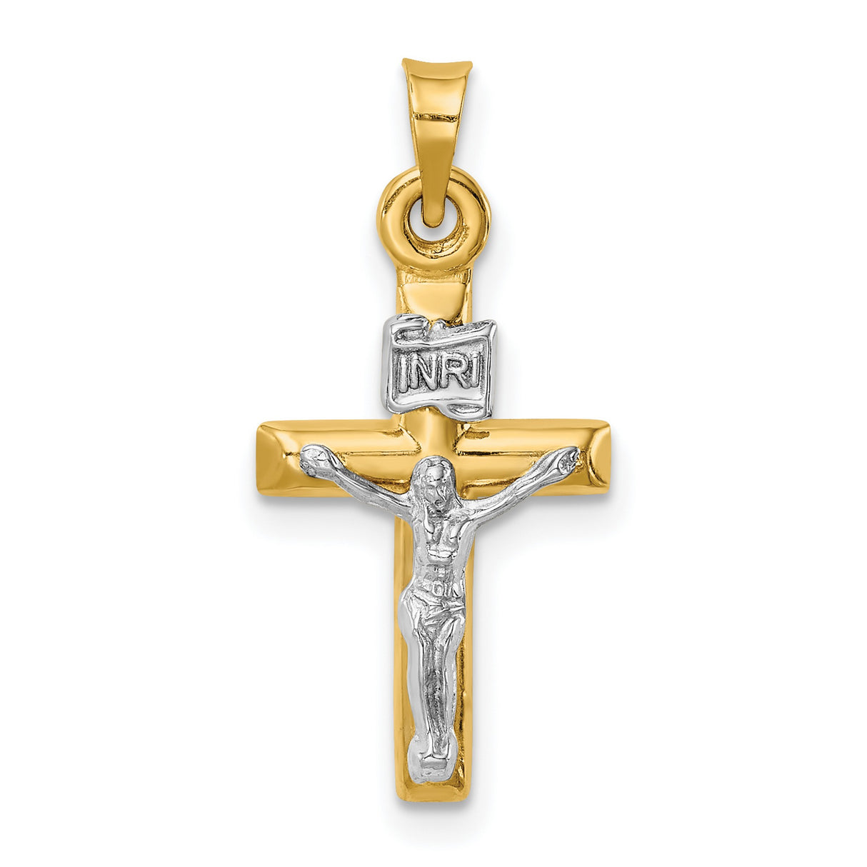 14k Two-Tone Gold Crucifix Pendant with White Metal Jesus Figure, Classic Religious Charm