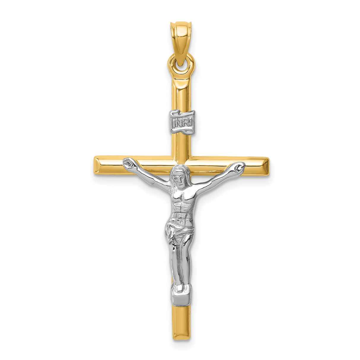 14k Multi-Tone Gold Crucifix Cross Pendant with Jesus Figure and INRI Design