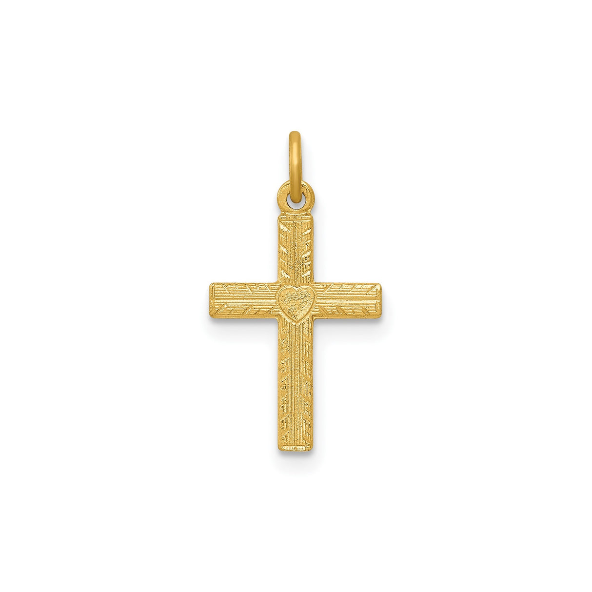 14k Yellow Gold Cross Pendant with Heart and Savior Engraving, Textured Christian Design