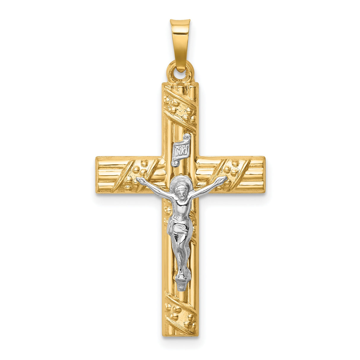 14k Two-Tone Gold Crucifix Pendant with Sculpted Jesus and INRI Cross Design