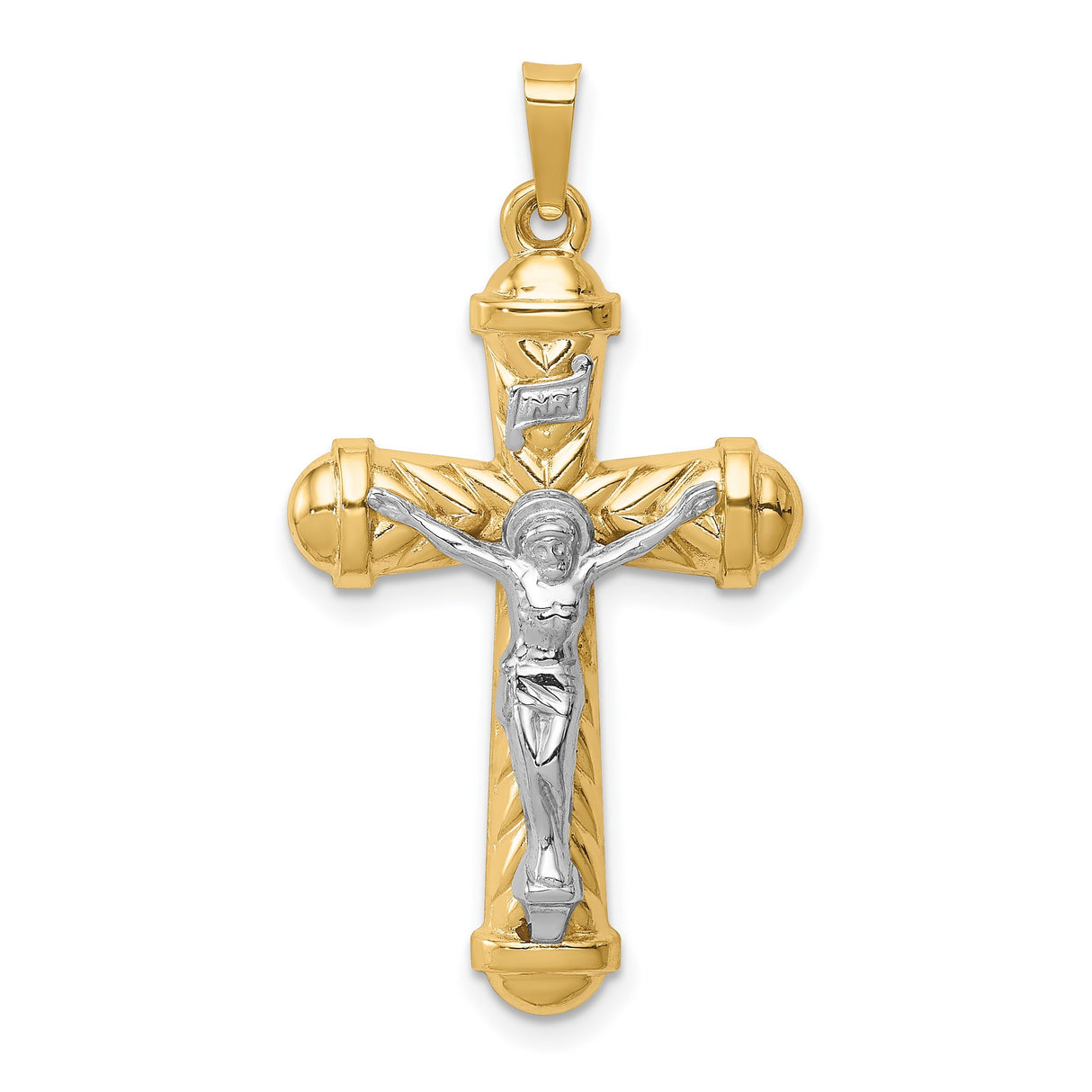 14k Multi-Tone Gold Chevron Crucifix Pendant with Draped Jesus Figure and Textured Detailing