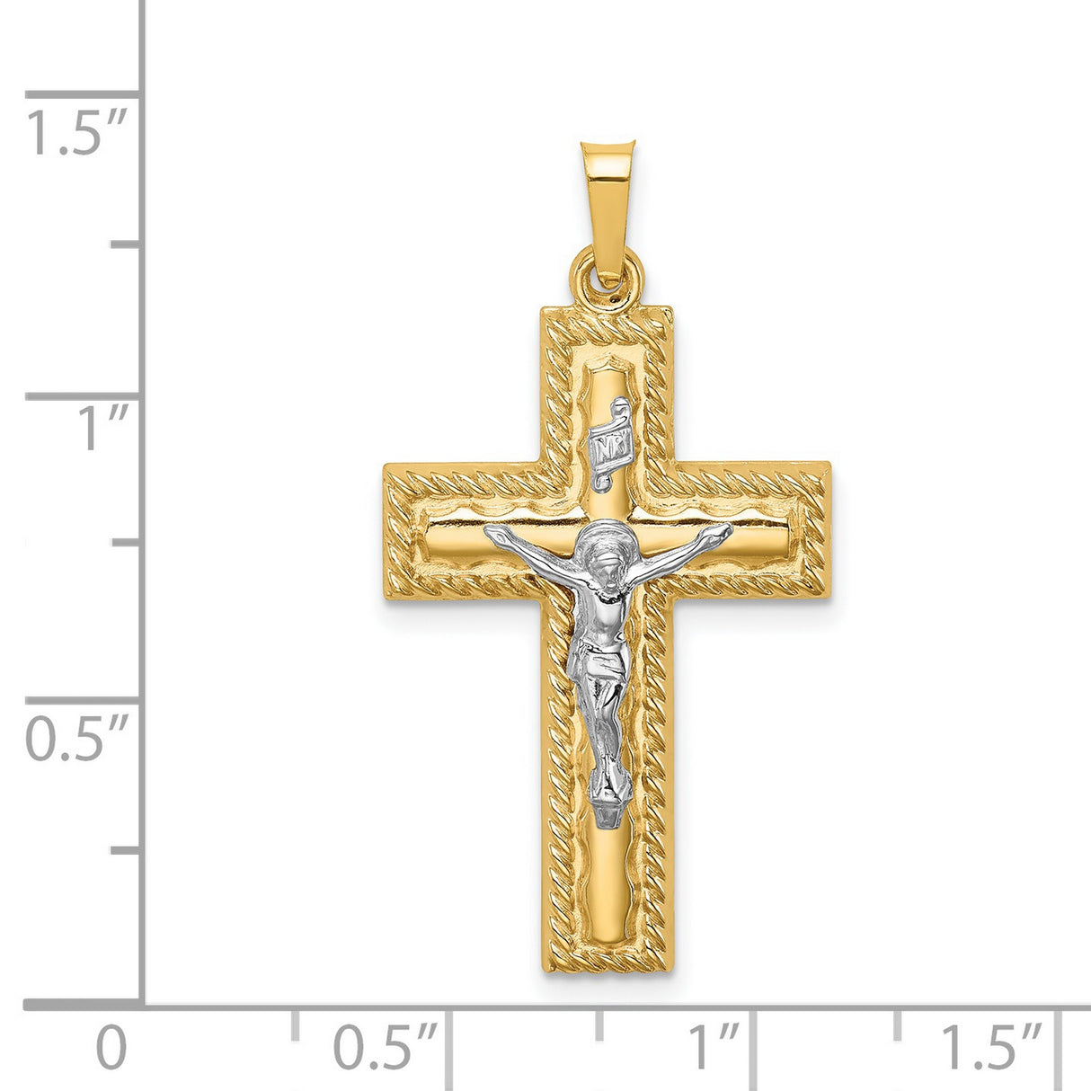 14k Multi-Tone Gold Crucifix Cross Pendant with Polished Rope Edge, Classic Religious Style