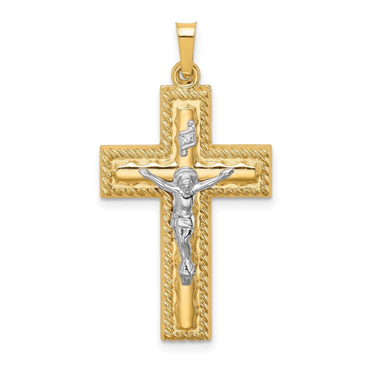 14k Multi-Tone Gold Crucifix Cross Pendant with Polished Rope Edge, Classic Religious Style