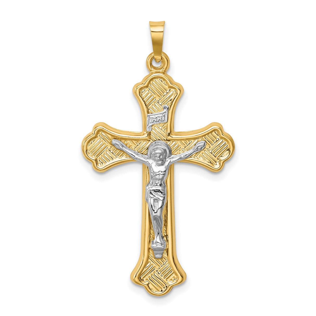 14k Two-Tone Gold Crucifix Pendant with Polished Fleur de Lis Cross Design