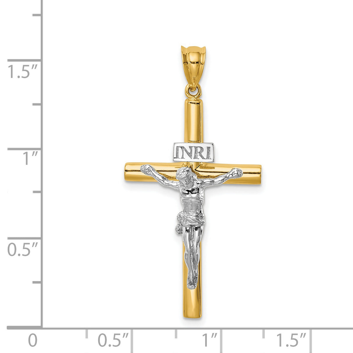 14k Two-Tone Gold Crucifix Cross Pendant with INRI Jesus Charm, Polished Catholic Jewelry