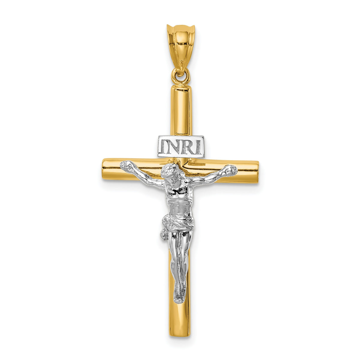 14k Two-Tone Gold Crucifix Cross Pendant with INRI Jesus Charm, Polished Catholic Jewelry
