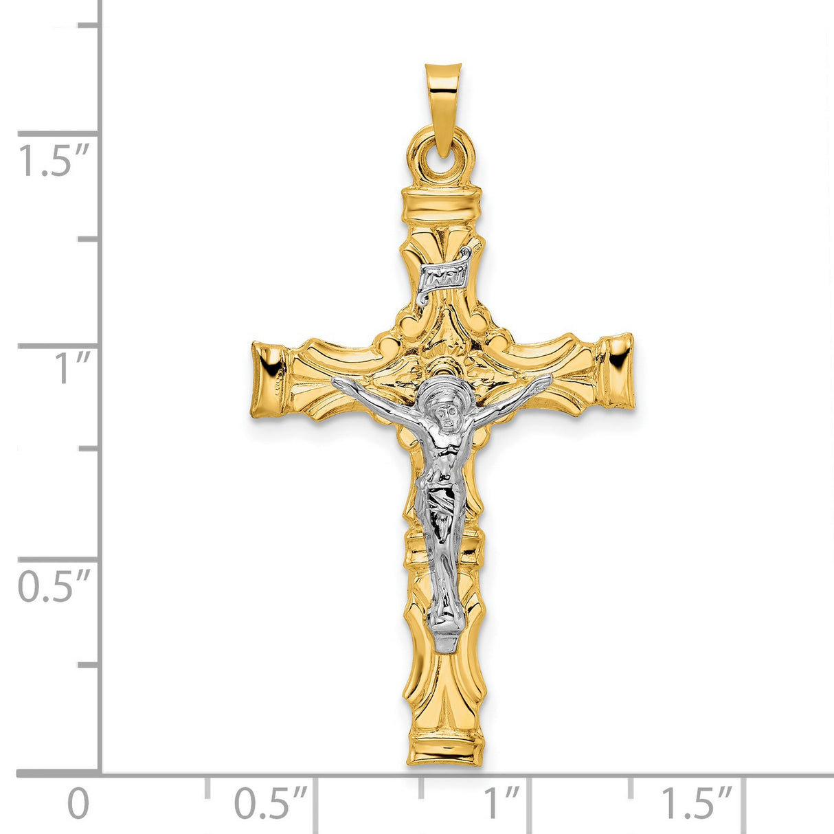 14k Multi-Tone Gold Crucifix Pendant with Detailed Jesus Figure and INRI Baroque Cross Design