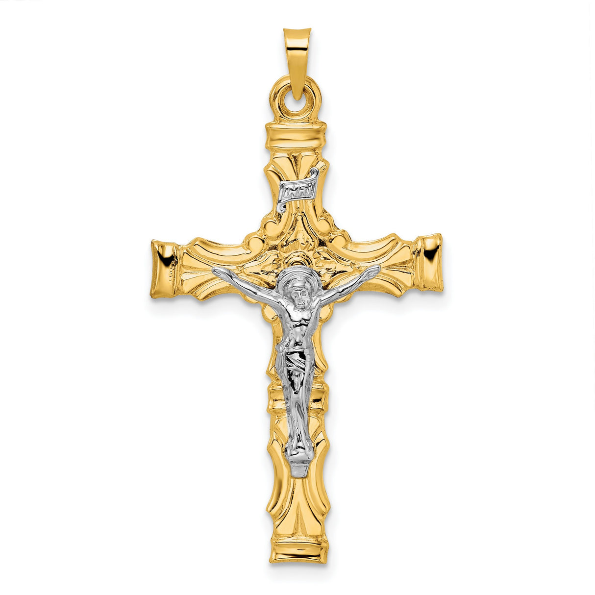 14k Multi-Tone Gold Crucifix Pendant with Detailed Jesus Figure and INRI Baroque Cross Design