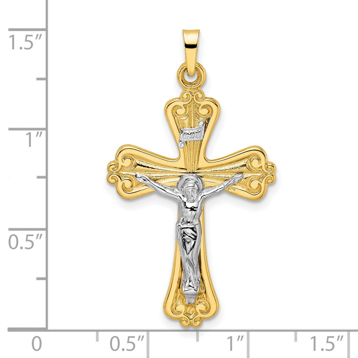 14k Two-Tone Gold Crucifix Pendant with Ornate Cross and INRI Jesus Figure