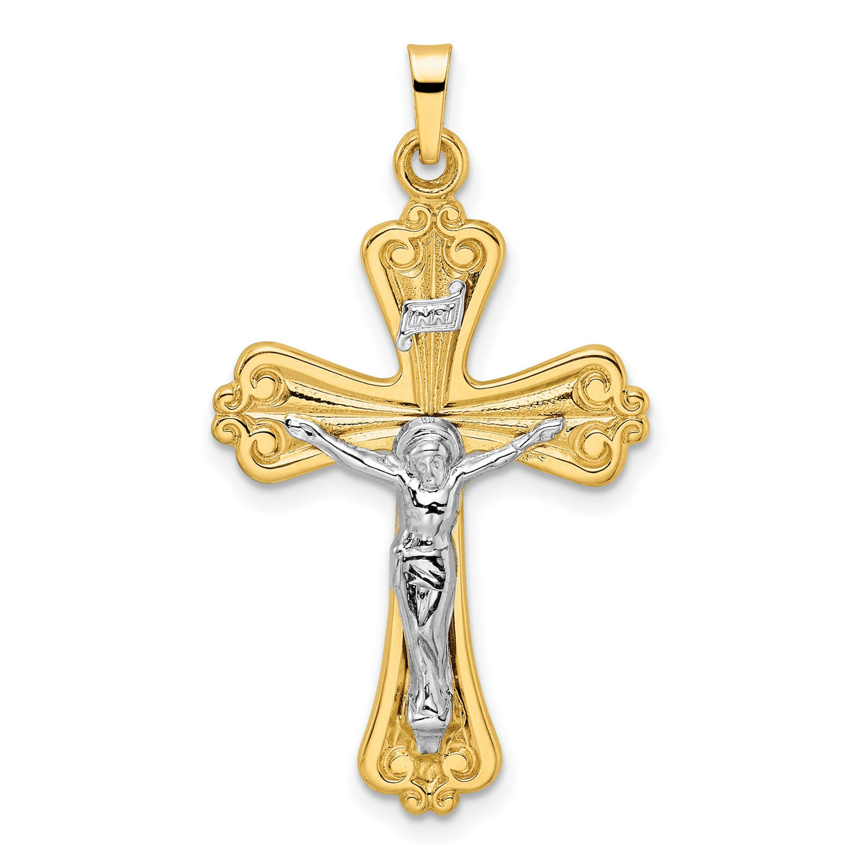 14k Two-Tone Gold Crucifix Pendant with Ornate Cross and INRI Jesus Figure