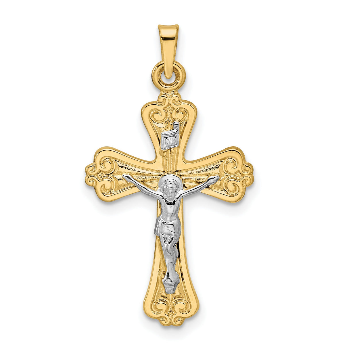 14k Two-Tone Gold Crucifix Cross Pendant with INRI Charm, Religious Christian Symbol