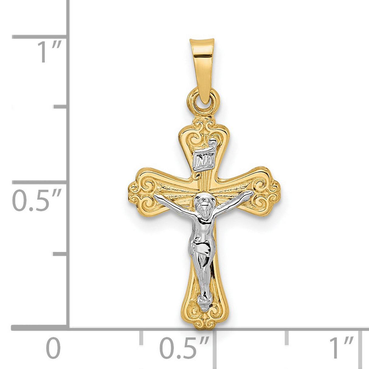 14k Two-Tone Gold Crucifix Pendant with INRI Scrollwork Design for Men and Women