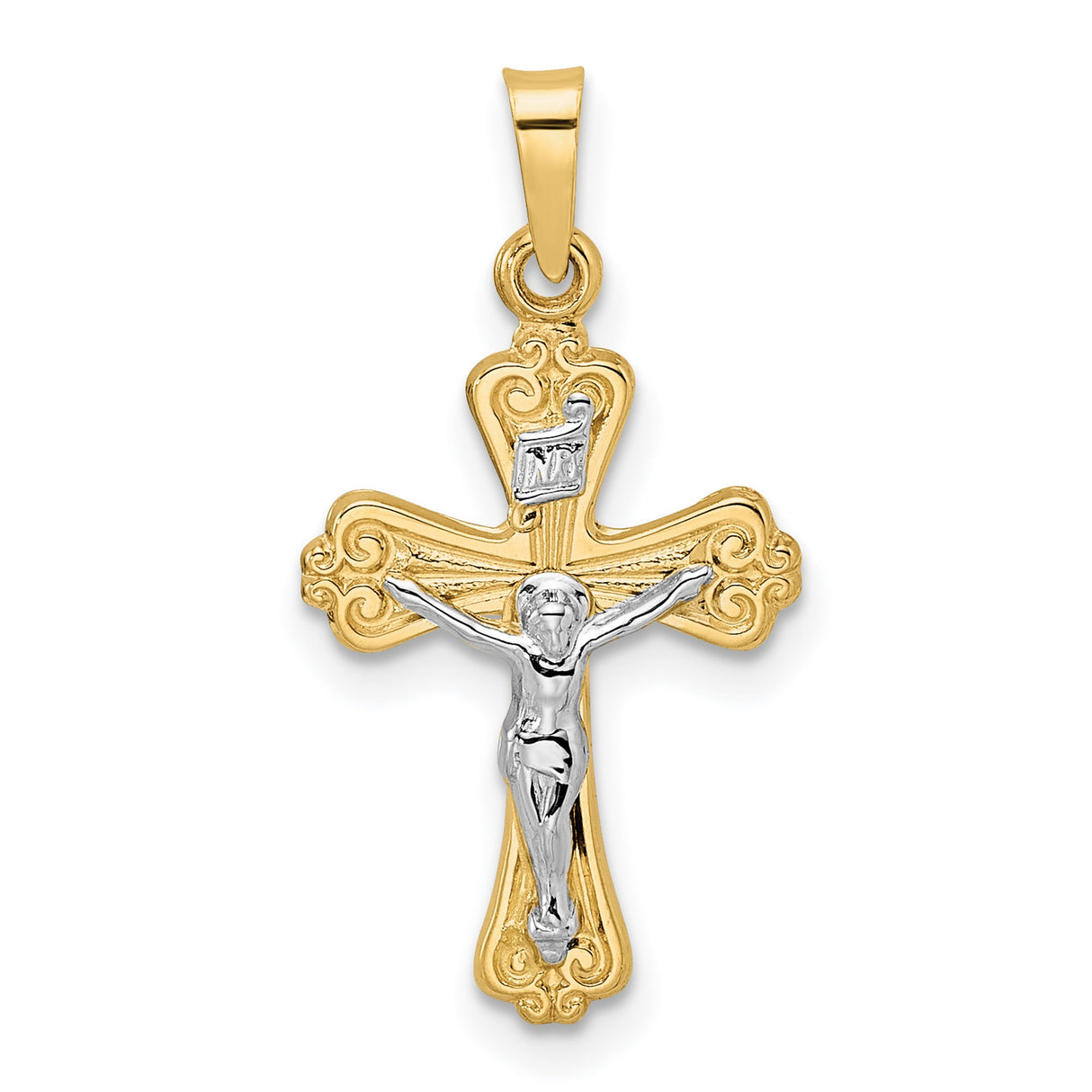 14k Two-Tone Gold Crucifix Pendant with INRI Scrollwork Design for Men and Women