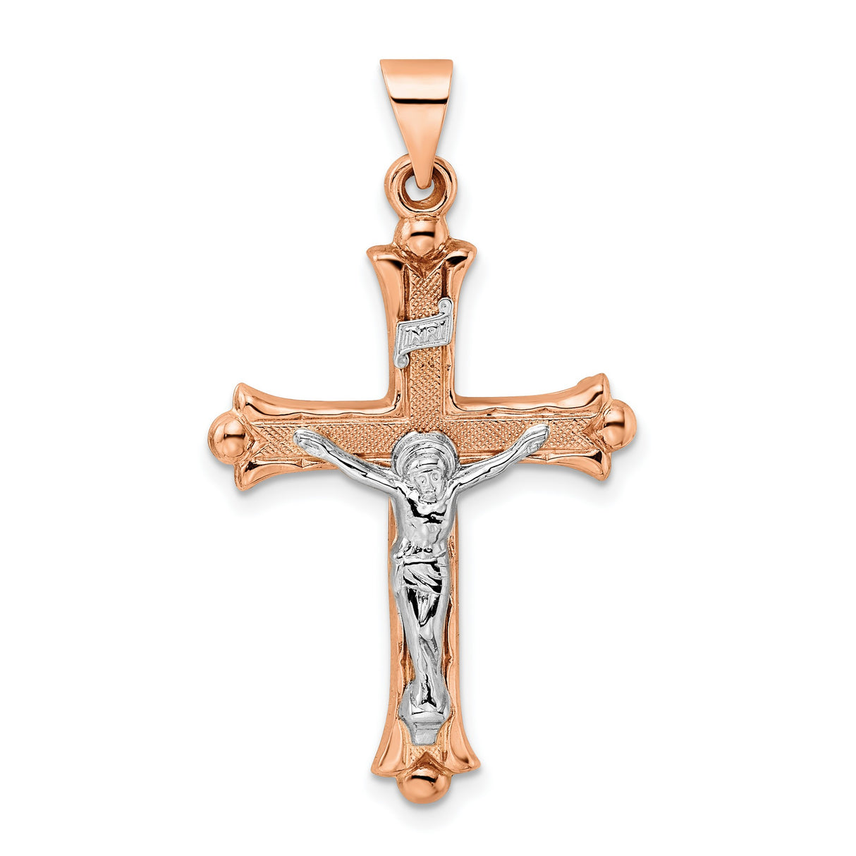 14k Two-Tone Gold Crucifix Pendant with INRI and Christ Figure Religious Jewelry