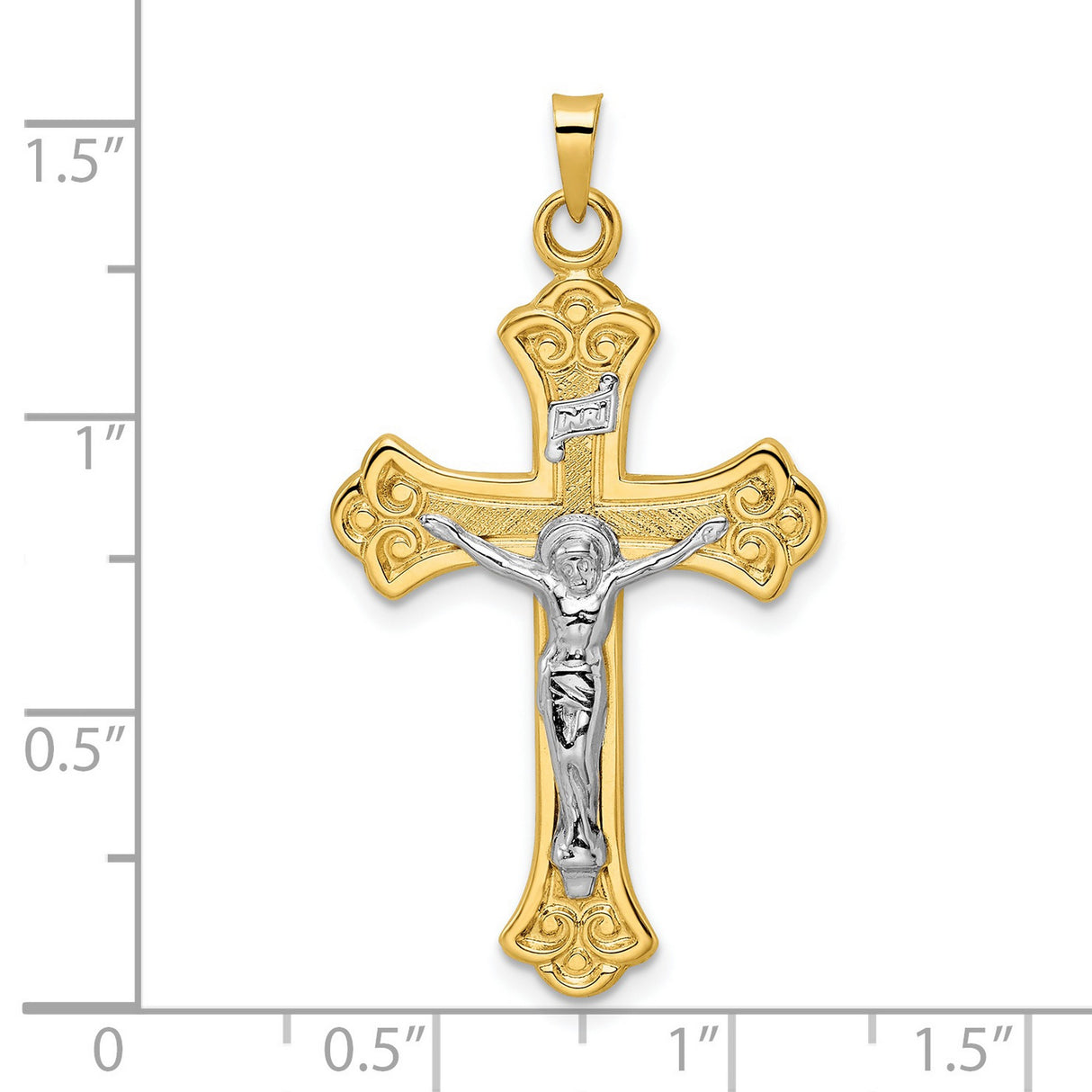 14k Multi-Tone Gold Crucifix Cross Pendant with INRI, Baroque Scrollwork, Fleur de Lis