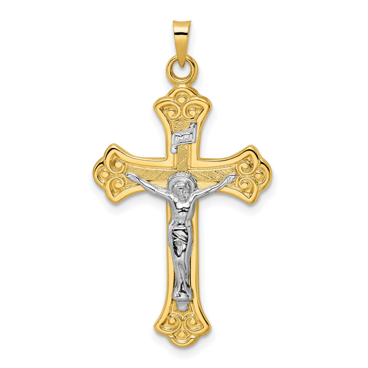 14k Multi-Tone Gold Crucifix Cross Pendant with INRI, Baroque Scrollwork, Fleur de Lis