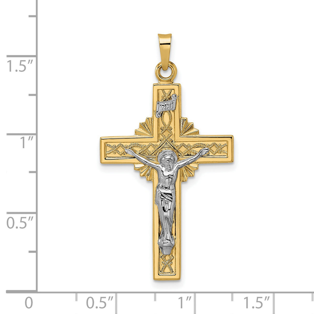 14k Two-Tone Gold Crucifix Cross Pendant with INRI and Christ Figure Christian Design